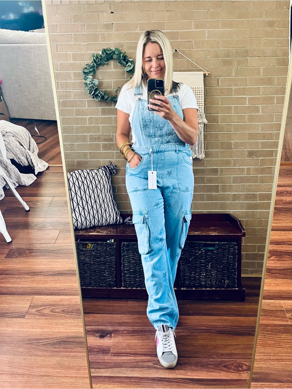Light Blue Star-Print Denim Overalls Jumpsuit